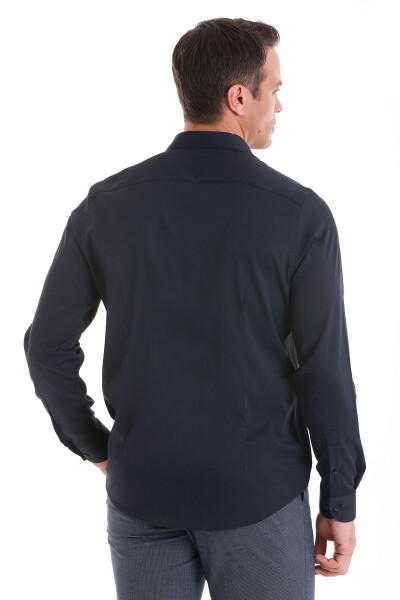 Navy Blue Comfort Fit Plain Slim Collar Long Sleeve Shirt - 6