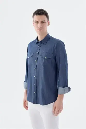 Navy Blue Comfort Fit Pocket Button-Down 100% Cotton Denim Shirt - JAKAMEN (1)