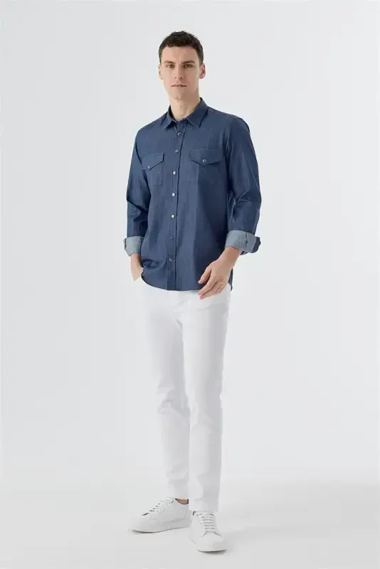 Navy Blue Comfort Fit Pocket Button-Down 100% Cotton Denim Shirt - 2
