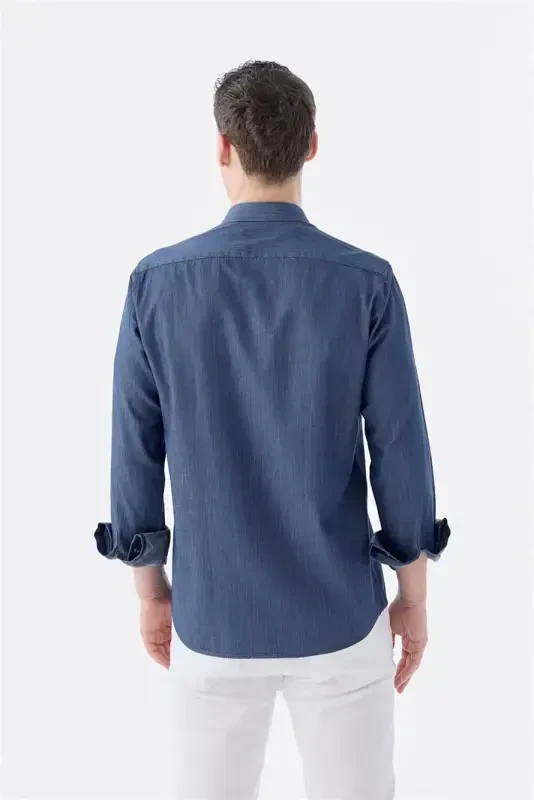Navy Blue Comfort Fit Pocket Button-Down 100% Cotton Denim Shirt - 4