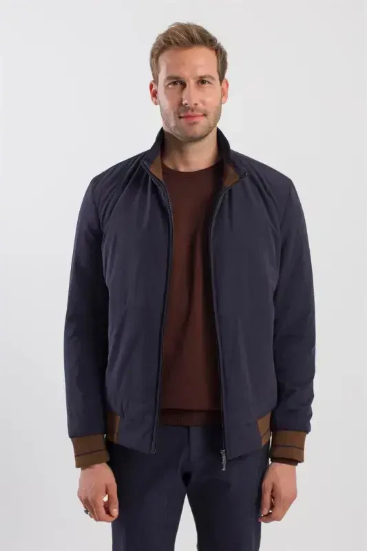 Navy Blue Comfort Fit Stand Collar Jacket - JAKAMEN
