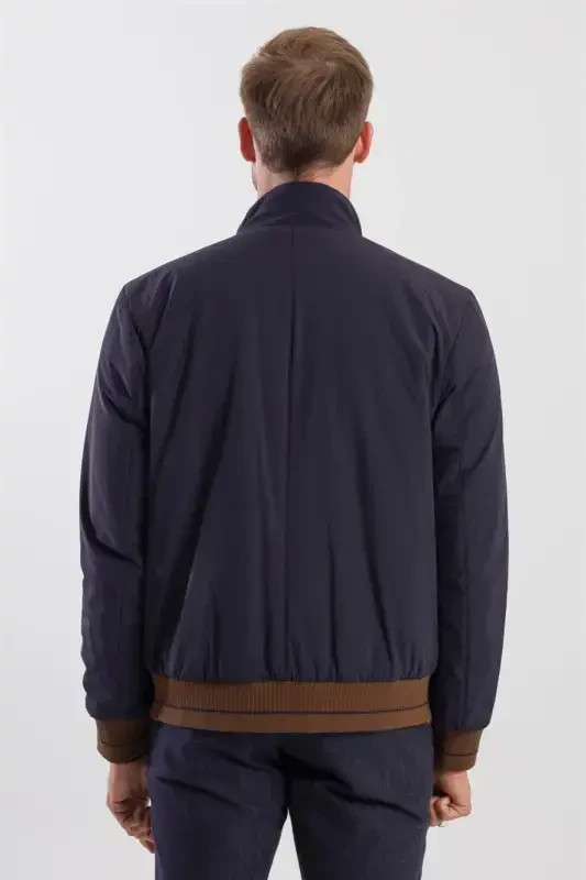 Navy Blue Comfort Fit Stand Collar Jacket - 4