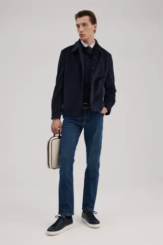 Navy Blue Comfort Fit Stand-up Collar Velvet Jacket 