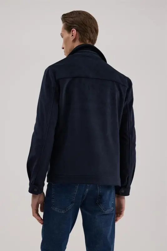Navy Blue Comfort Fit Stand-up Collar Velvet Jacket - 4