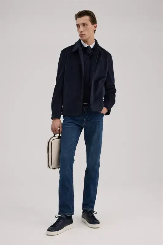 Navy Blue Comfort Fit Stand-up Collar Velvet Jacket - 1