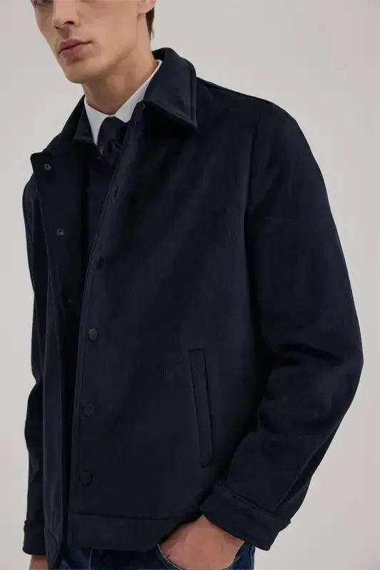 Navy Blue Comfort Fit Stand-up Collar Velvet Jacket - 2