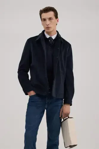 Navy Blue Comfort Fit Stand-up Collar Velvet Jacket - 3