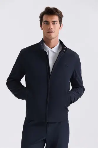 Navy Blue Comfort Fit Stand-Up Collar Zip-Front Casual Jacket 