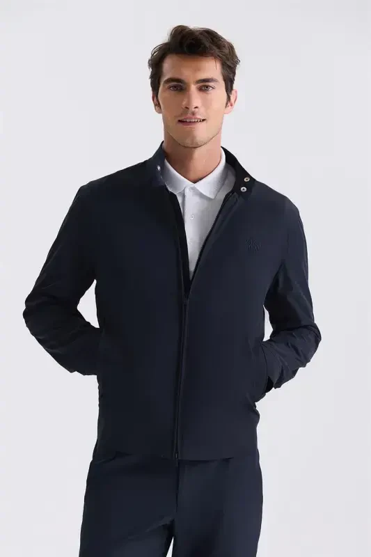 Navy Blue Comfort Fit Stand-Up Collar Zip-Front Casual Jacket - Modazone