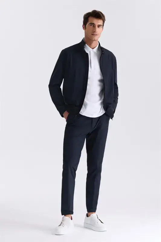 Navy Blue Comfort Fit Stand-Up Collar Zip-Front Casual Jacket - 2