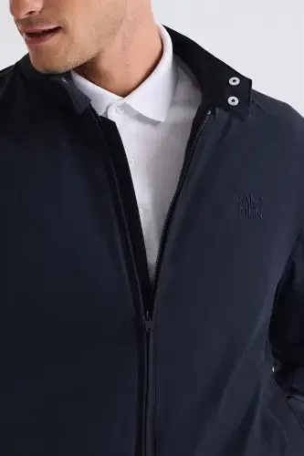 Navy Blue Comfort Fit Stand-Up Collar Zip-Front Casual Jacket - 3