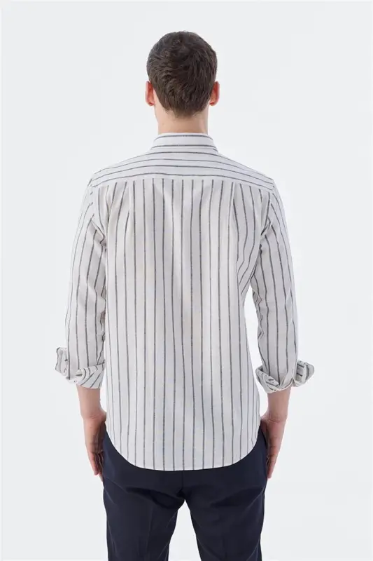 Navy Blue Comfort Fit Striped Cotton Linen Shirt - 4