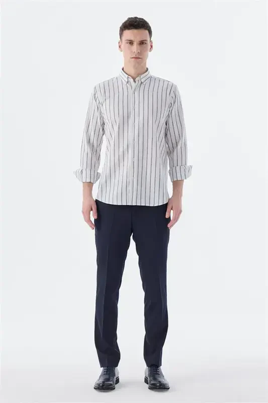 Navy Blue Comfort Fit Striped Cotton Linen Shirt - 1