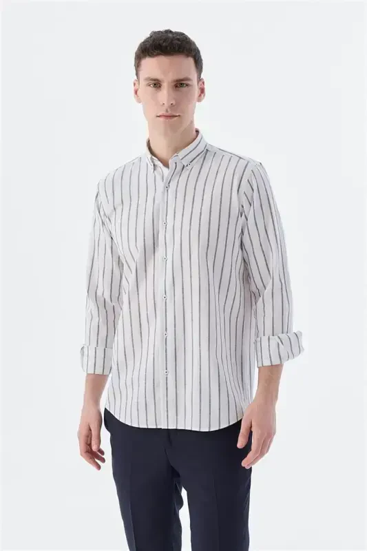 Navy Blue Comfort Fit Striped Cotton Linen Shirt - 2