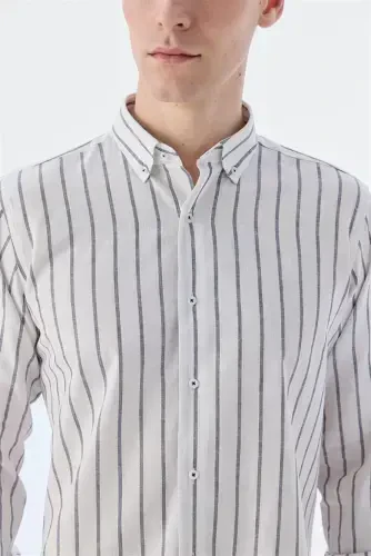 Navy Blue Comfort Fit Striped Cotton Linen Shirt - 3