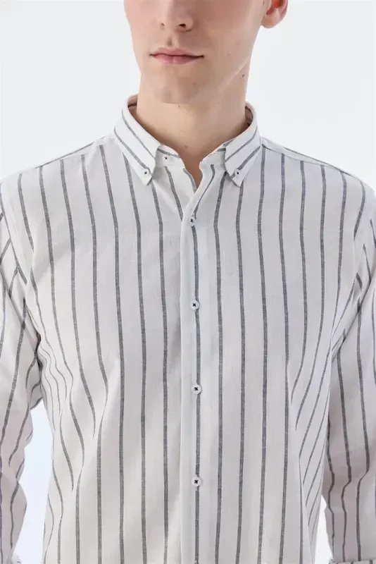 Navy Blue Comfort Fit Striped Cotton Linen Shirt - 3