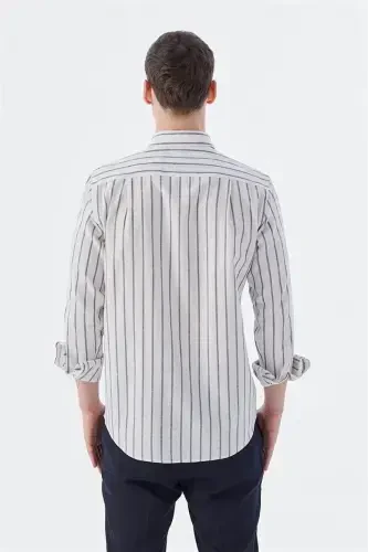 Navy Blue Comfort Fit Striped Cotton Linen Shirt - 4