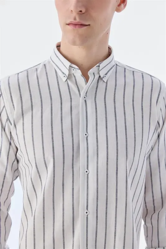 Navy Blue Comfort Fit Striped Cotton Linen Shirt - 3