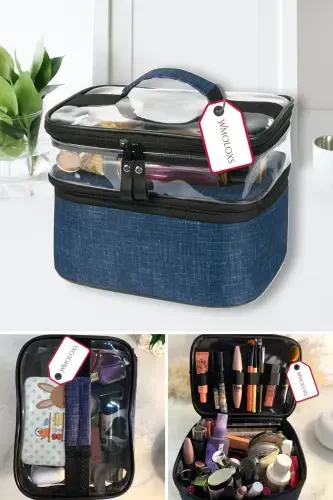 Navy Blue Cosmetic Makeup Bag Organizer Travel Type Compartmental Large Transparent Makeup Organizer-Navy Blue - 1
