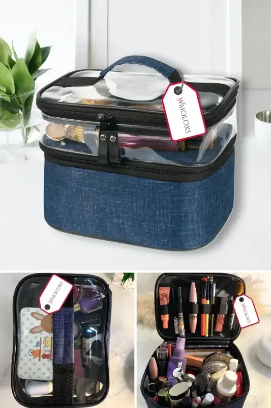 Navy Blue Cosmetic Makeup Bag Organizer Travel Type Compartmental Large Transparent Makeup Organizer-Navy Blue - 1
