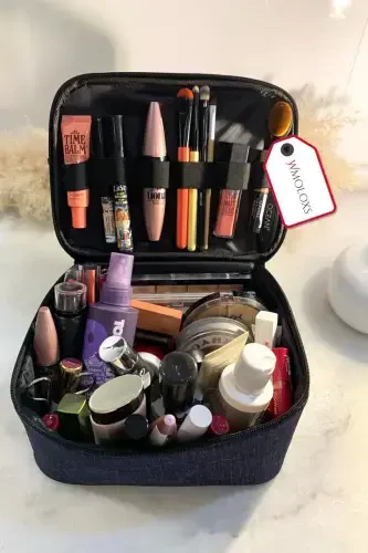 Navy Blue Cosmetic Makeup Bag Organizer Travel Type Compartmental Large Transparent Makeup Organizer-Navy Blue - 3