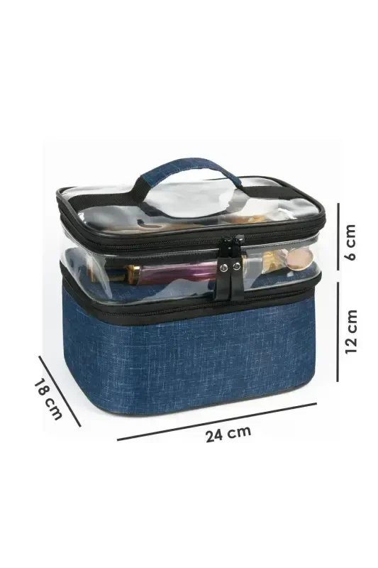 Navy Blue Cosmetic Makeup Bag Organizer Travel Type Compartmental Large Transparent Makeup Organizer-Navy Blue - 4