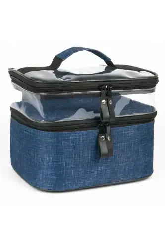 Navy Blue Cosmetic Makeup Bag Organizer Travel Type Compartmental Large Transparent Makeup Organizer-Navy Blue - 8