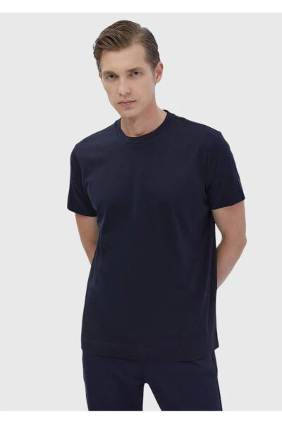 Navy Blue Crew Neck Cotton Blend T-Shirt - RAMSEY