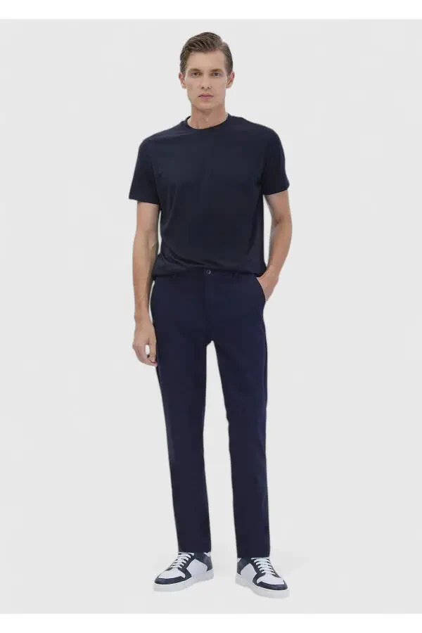 Navy Blue Crew Neck Cotton Blend T-Shirt - 2