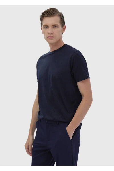 Navy Blue Crew Neck Cotton Blend T-Shirt - 3