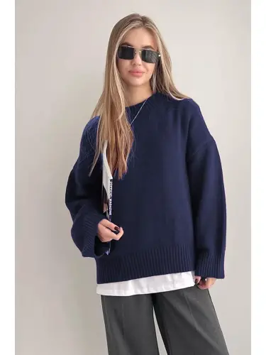 Navy Blue Crew Neck Oversize Knit Sweater Mg1972-Navy Blue - 1