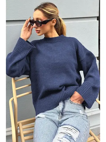 Navy Blue Crew Neck Oversize Knit Sweater Mg1972-Navy Blue - 3