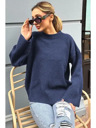 Navy Blue Crew Neck Oversize Knit Sweater Mg1972-Navy Blue - 4