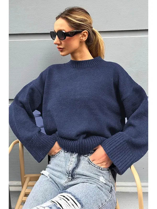 Navy Blue Crew Neck Oversize Knit Sweater Mg1972-Navy Blue - 5