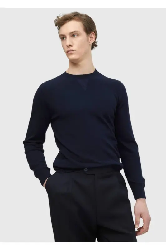 Navy Blue Crew Neck Plain Knit Wool Blend Knitwear - 1