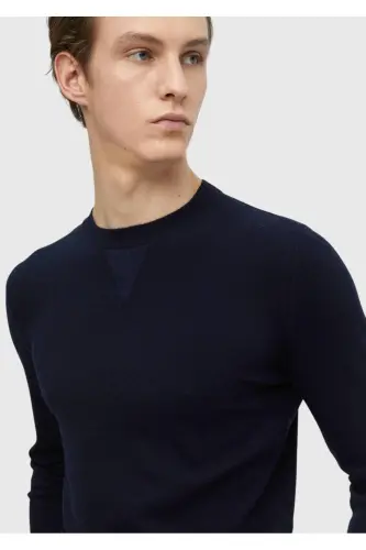 Navy Blue Crew Neck Plain Knit Wool Blend Knitwear - 3