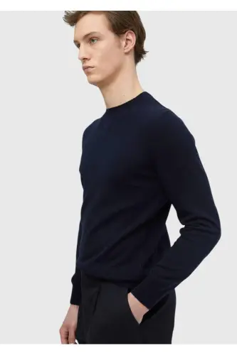 Navy Blue Crew Neck Plain Knit Wool Blend Knitwear - 4