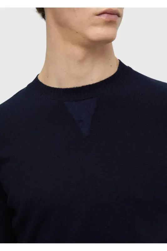 Navy Blue Crew Neck Plain Knit Wool Blend Knitwear - 5