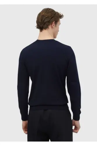 Navy Blue Crew Neck Plain Knit Wool Blend Knitwear - 6