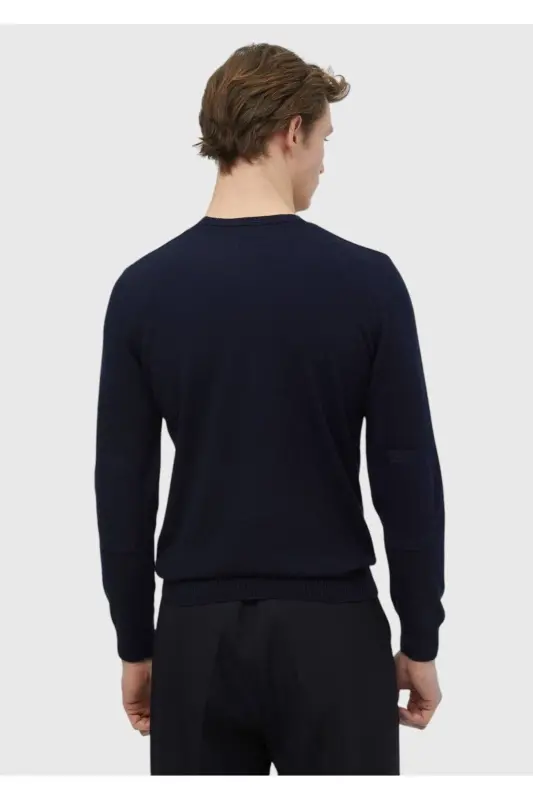 Navy Blue Crew Neck Plain Knit Wool Blend Knitwear - 6