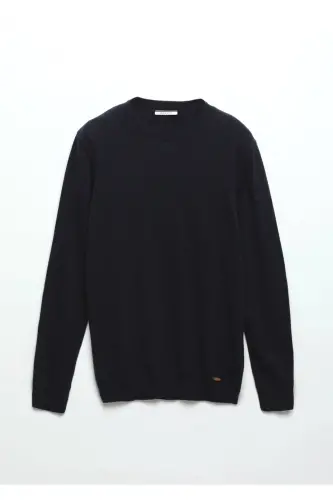 Navy Blue Crew Neck Plain Knit Wool Blend Knitwear - 7