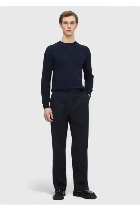 Navy Blue Crew Neck Plain Knit Wool Blend Knitwear - 2