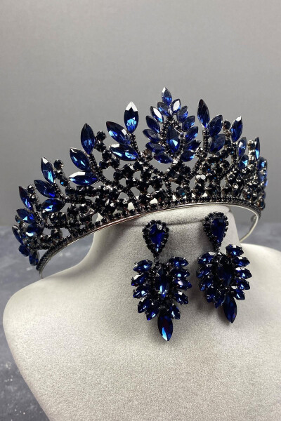 Navy Blue Danver Stone Bridal Henna Crown and Earring Set - 5