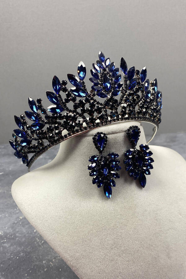 Navy Blue Danver Stone Bridal Henna Crown and Earring Set - 7