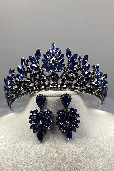 Navy Blue Danver Stone Bridal Henna Crown and Earring Set - 4