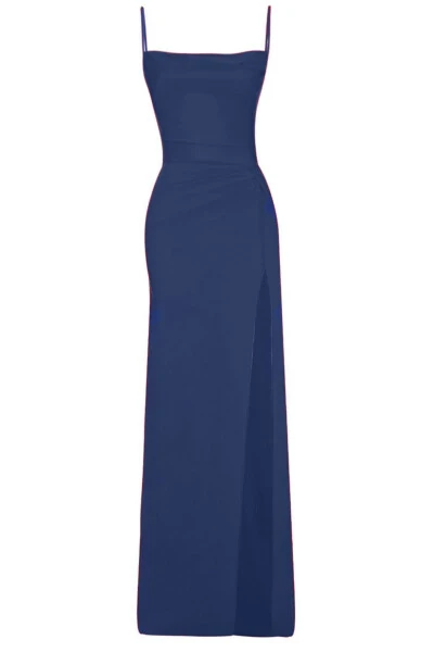 Navy Blue Deep Slit Draped Long Evening Dress - WHENEVER COMPANY