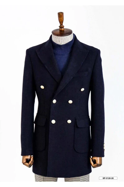 Navy blue double-breasted coat with metal buttons - Wessi - WESSI