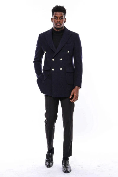 Navy blue double-breasted coat with metal buttons - Wessi - 4