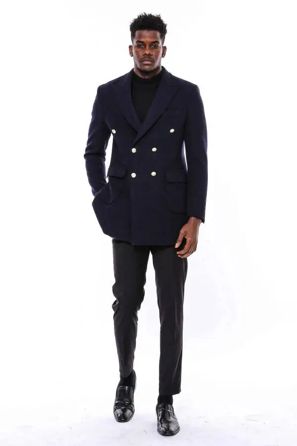 Navy blue double-breasted coat with metal buttons - Wessi - 4