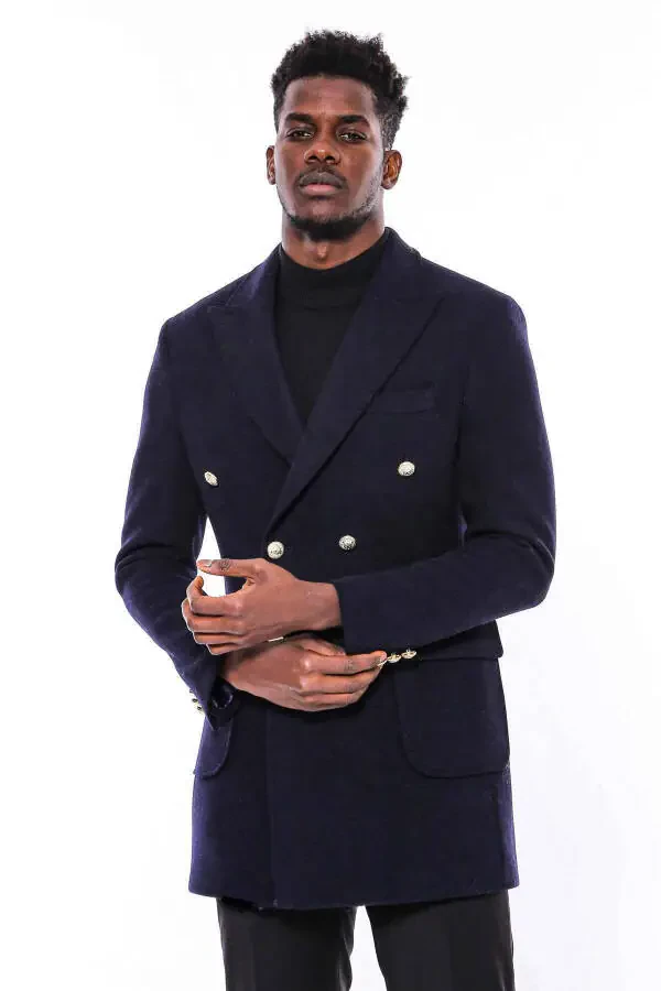 Navy blue double-breasted coat with metal buttons - Wessi - 5
